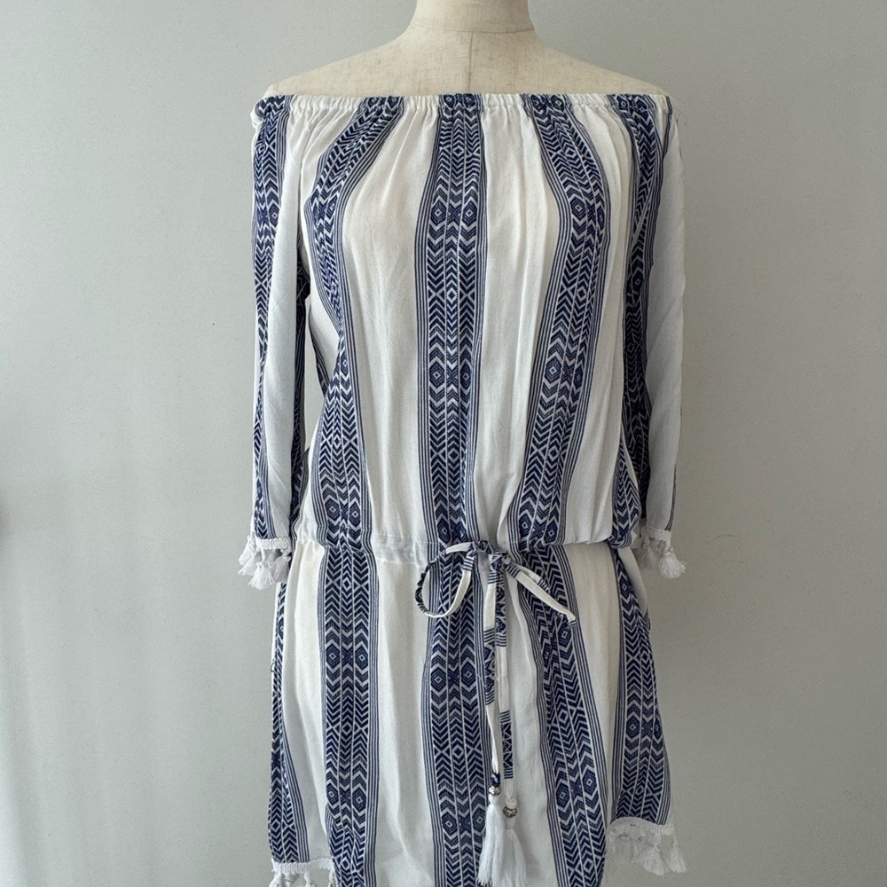 Blue and White Off-Shoulder Dress